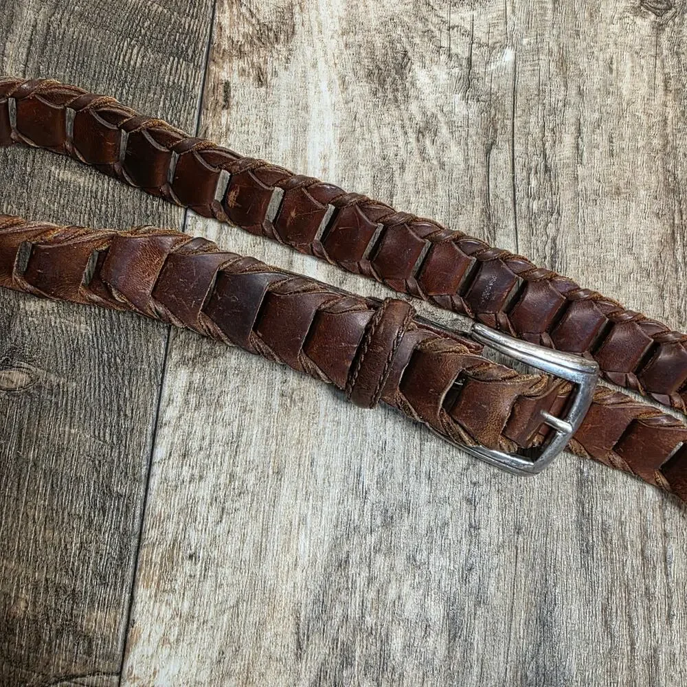 Vintage Brown Woven Leather Belt Boho Western Coastal Boho Distressed